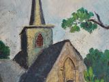 an oil painting of a church with a steeple and a cross on it