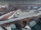 un tableau représentant un pont enjambant une rivière, avec de la neige au sol