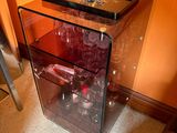 a glass table with a tray on top of it