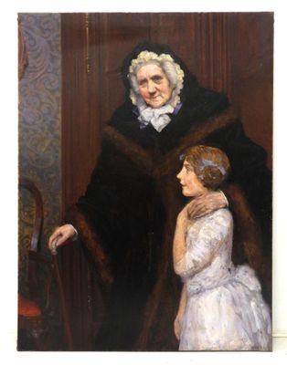 painting of an old woman and a young girl standing in front of a painting of a man