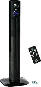 un ventilateur colonne noir posé à côté d'une télécommande