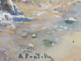 a picture of a painting of a dog on the beach