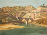 une peinture à l'huile représentant un pont sur une rivière avec un château à l'arrière-plan