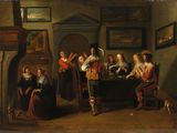 painting of a group of people gathered around a table in a room