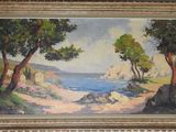 an oil painting of a beach scene with trees and a body of water