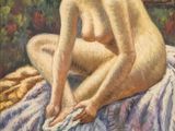 an image of a painting of a naked woman sitting on a bed