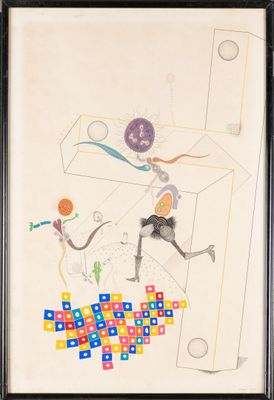 painting of a man and a woman playing with blocks and a basketball ball