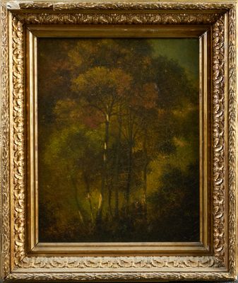 an oil painting of a wooded landscape with trees in the foreground