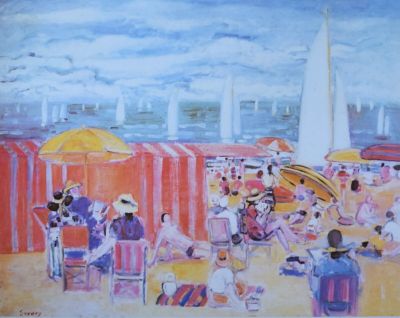 une peinture de personnes sur la plage avec des parasols