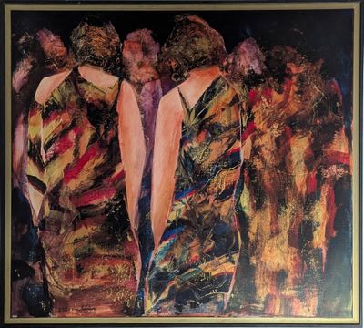 une image représentant un tableau où l'on voit trois femmes debout devant un miroir