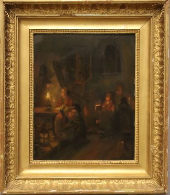 un tableau représentant un groupe de personnes assises autour d'une table dans une pièce