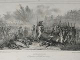 un dessin représentant un homme debout devant un groupe de soldats