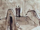 painting of a man standing on a bridge in a park