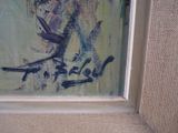 a painting on the wall of a room with a cat sitting on the floor