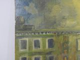 painting of a building with a clock on the front of it
