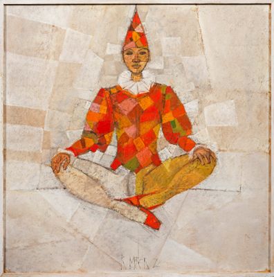 an image of a painting of a clown sitting in the middle of a room