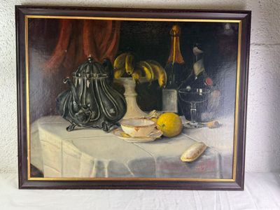 une photo d'un tableau représentant une nature morte avec des bananes sur une table