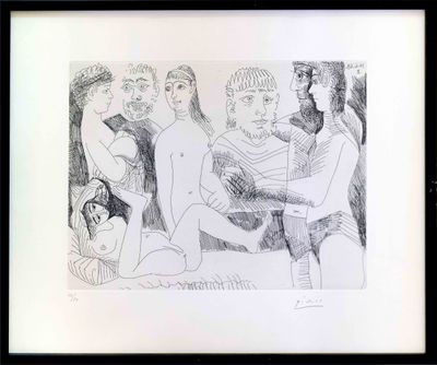 un dessin en noir et blanc d'un groupe de personnes