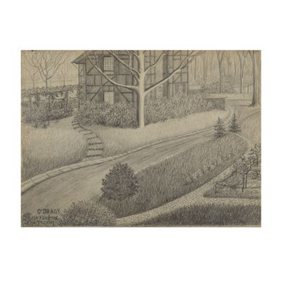 pencil drawing of a house in a wooded area with trees and bushes