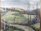 a painting of a landscape with a river in the middle