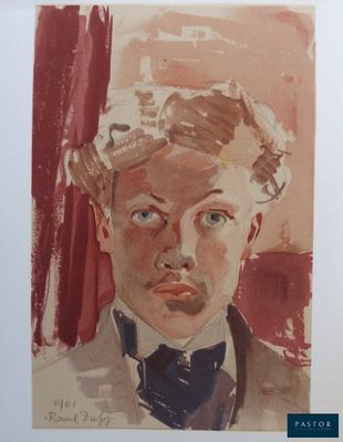 painting of a man in a suit and bow tie with a red background