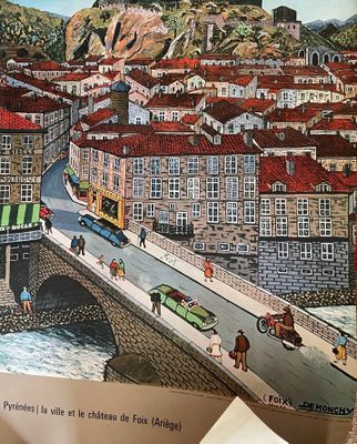 a picture of a picture of a town with a bridge