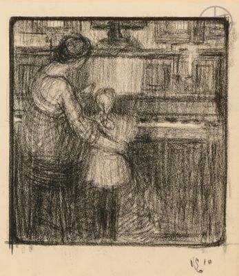 an image of a drawing of a woman and child in a kitchen