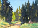 an oil painting of a dirt road in the middle of a forest