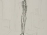 drawing of a woman standing in a room with a window