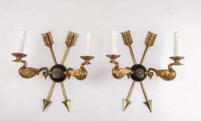 Paire d'appliques en bronze doré et bronze à patine noire à …