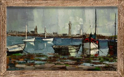 a painting of boats in a harbor with a lighthouse in the background