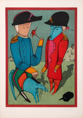 tableau représentant un homme et une femme assis sur une chaise devant un oiseau