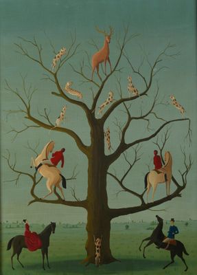 a painting of a group of people riding horses around a tree