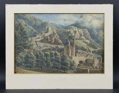 une image d'un tableau représentant un château sur une colline