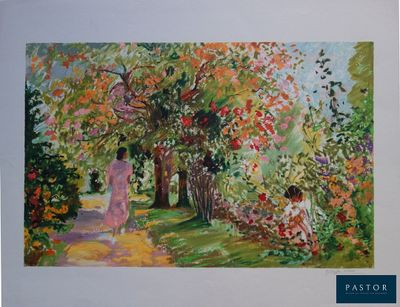 un tableau représentant une femme marchant sur un sentier dans un jardin