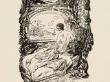 a black and white drawing of a man sitting on a bed
