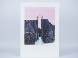 a card with a painting of a person standing on top of a mountain