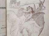 an old book with a drawing of a woman riding a horse