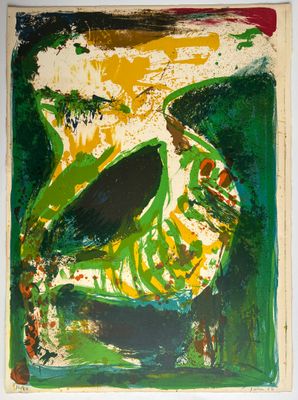 une peinture abstraite représentant un oiseau sur un fond vert et jaune