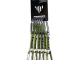 six green carabines are hanging from a hook on a white background
