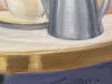 a painting of a tea pot and a cup on a table
