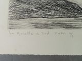 a black and white drawing of a boat on the water