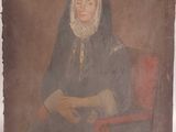 un vieux tableau représentant une femme assise sur une chaise devant un tableau posé sur un chevalet