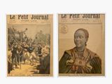 two old french newspapers with a picture of a man in a turban and a woman in a turban