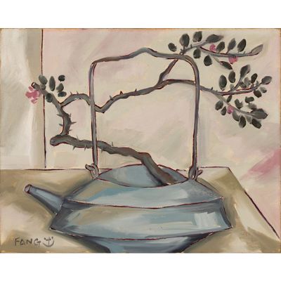 un tableau représentant une théière dans laquelle se trouve un arbre