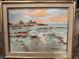 a picture of a painting of a boat in the water