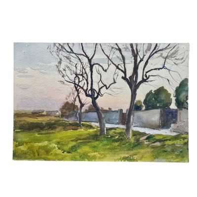 aquarelle représentant deux arbres dans un champ, avec une clôture en arrière-plan