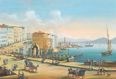 un tableau représentant une vue d'un port avec des bateaux et des personnes