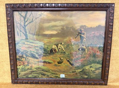 framed oil painting of a hunting scene with pheasants and pheasants