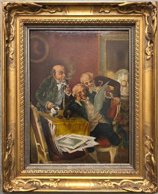 une peinture à l'huile représentant un groupe d'hommes assis autour d'une table